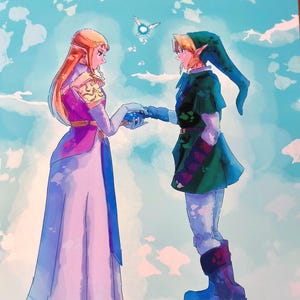 May include: A digital illustration featuring two figures standing against a light blue sky with white clouds. One figure has long blonde hair and wears a purple and white gown. The other figure wears a green tunic, cap, and dark boots.