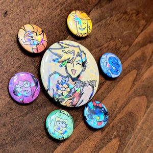 Deltarune chapter 5 Button Pins – 1 Inch and 2 Holographic Pin Set – Flowery heart, Seth, aqua, green, orange, yellow, blue
