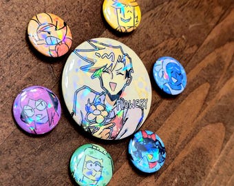 Deltarune chapter 5 Button Pins – 1 Inch and 2 Holographic Pin Set – Flowery heart, Seth, aqua, green