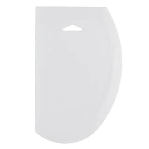 May include: White plastic dough scraper with a rounded edge and a handle with a hole.