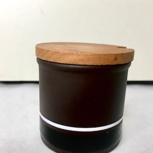 Hornsea Condiment Mustard Jar Brown Black white strip Wood Lid England