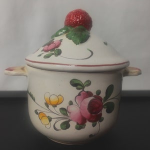 Luneville Old Strasbourg France Strawberry topped lid, hand painted floral ceramic pot.