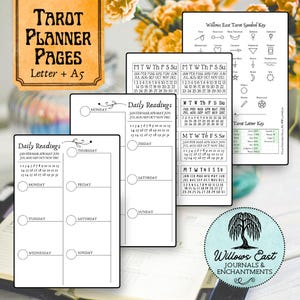 May include: Tarot planner pages with "Letter + A5" text. The image shows several white pages with calendar layouts, daily reading sections, and tarot symbol keys. A logo with a tree is also visible.