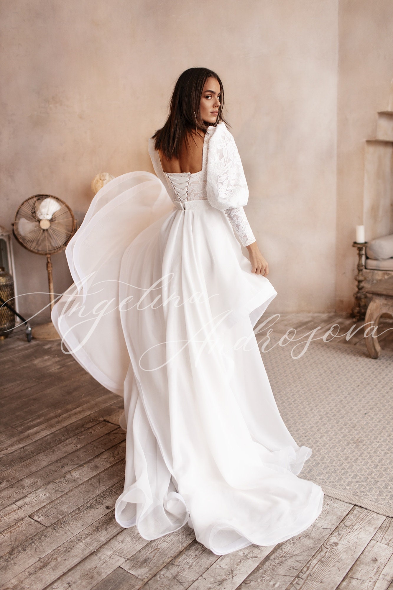 Bohemian wedding dress lace bridal dress organza long sleeve Etsy