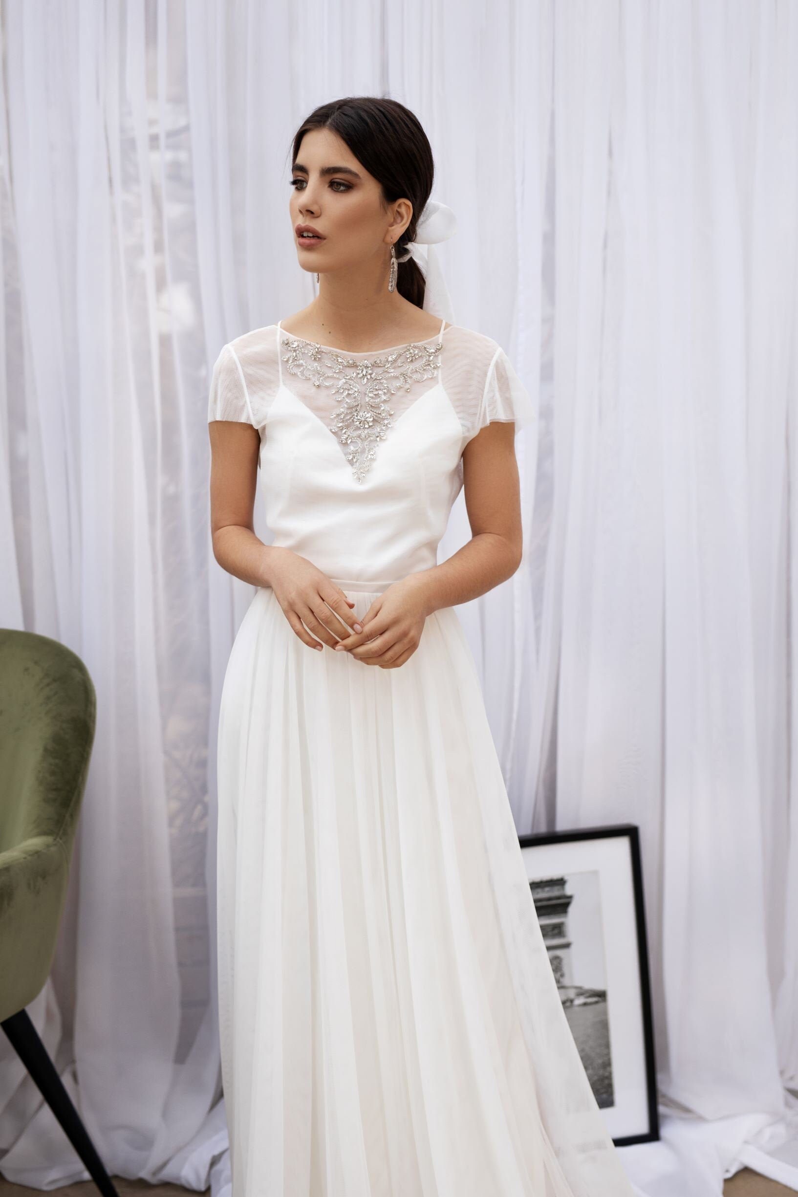 Modest wedding dress minimalist bridal gown embroidered | Etsy