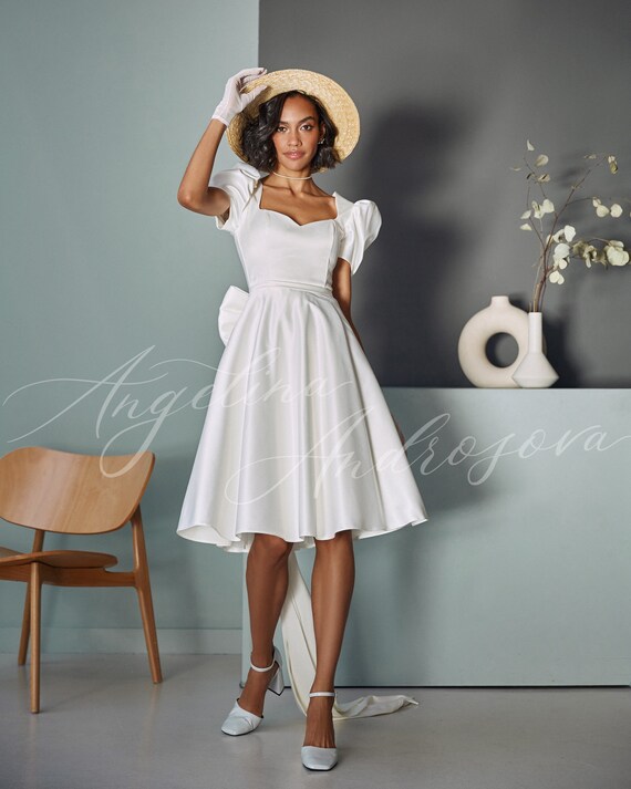 Civil wedding dress satin midi gown modern bridal gown with | Etsy