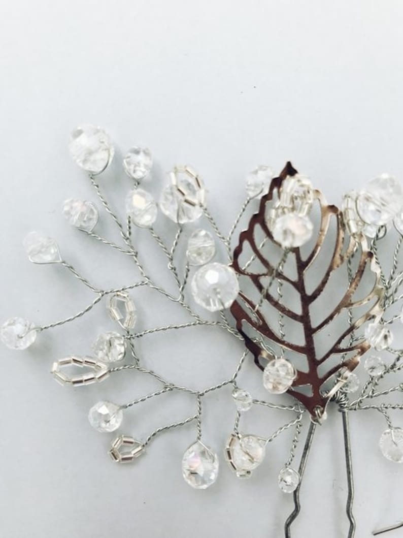 wedding headpiece dangle drop earrings Crystal bridal hair pin /& silver leaf earrings wedding boho jewelry delicate accessories