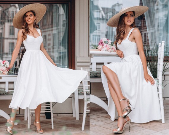 Tea length satin gown minimalist wedding dress modern bridal | Etsy