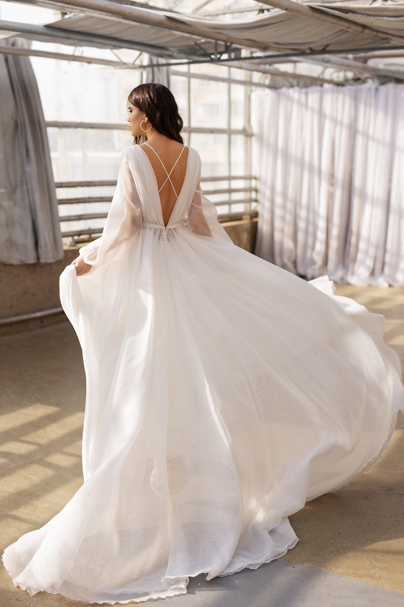 Boho Wedding Gown Long Sleeves Wedding Dress Organza Bridal | Etsy UK