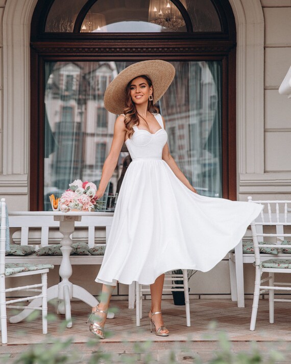 Tea Length Satin Gown Minimalist Wedding Dress Modern Bridal Etsy