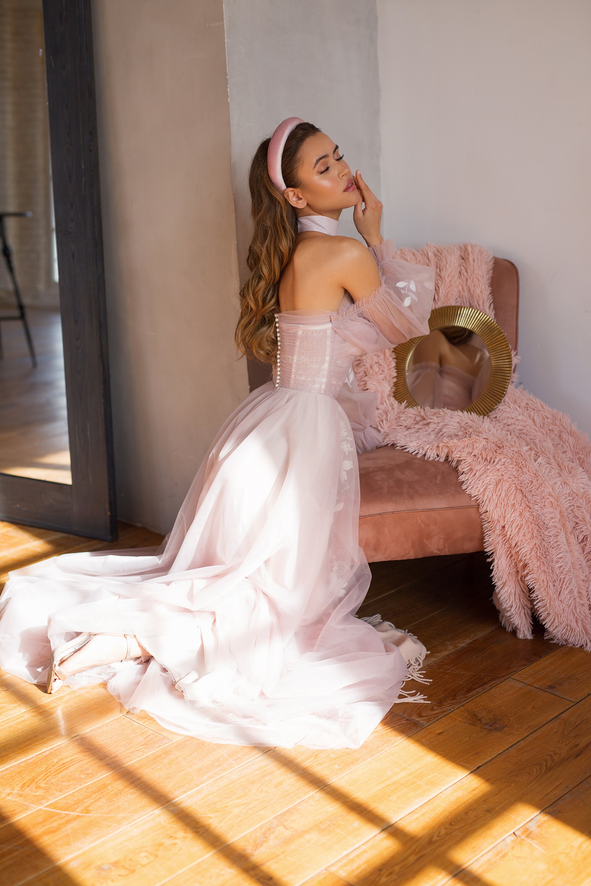 Blush pink wedding dress bohemian off shoulder dress tulle Etsy