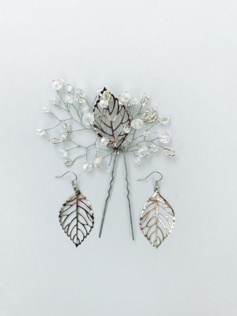 wedding headpiece dangle drop earrings Crystal bridal hair pin /& silver leaf earrings wedding boho jewelry delicate accessories