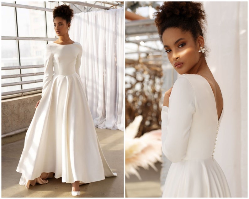 Modest wedding gown white satin dress minimalist bridal | Etsy