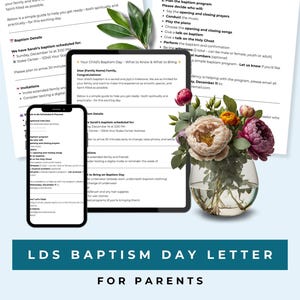 May include: A digital tablet and smartphone display a baptism day letter, with text including "What to Know & What to Bring" and "For Parents." A vase of flowers sits nearby. The background is light blue.