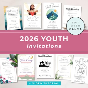 May include: A collection of 2026 youth invitation templates featuring various graphic designs, including illustrations of Jesus, mountains, sneakers, and floral motifs. Each card displays event details like dates, times, and locations, with a circular badge stating Edit With Canva and a banner labeled 2026 Youth Invitations.