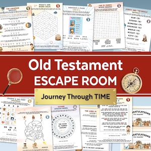 May include: A collection of Old Testament Escape Room game sheets. The sheets feature puzzles, mazes, word searches, and riddles. The title "Old Testament Escape Room" is displayed prominently, along with a compass and magnifying glass.