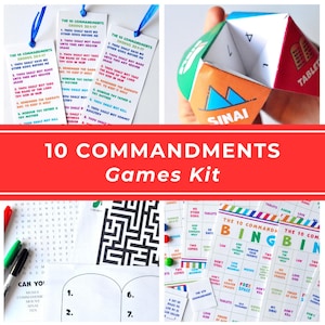 May include: A 10 Commandments games kit featuring printed bookmarks with blue ribbons, a paper fortune teller with Sinai and tablet graphics, a word search puzzle, a black and white maze, and bingo cards with colorful text and grid layouts.