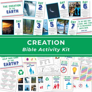 Könnte beinhalten: Ein Schöpfungs-Bibel-Aktivitätsset mit Lernkarten und Arbeitsblättern. Das Set enthält nummerierte Karten für die sieben Tage der Schöpfung, Aktivitäten zum Umweltschutz sowie Fragekarten mit farbenfrohen Grafiken und Illustrationen.