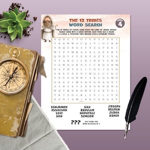 May include: A word search puzzle titled "The 12 Tribes Word Search" with a biblical theme. The puzzle includes a list of names and a grid of letters. A compass, a feather, and a succulent plant are also in the image.