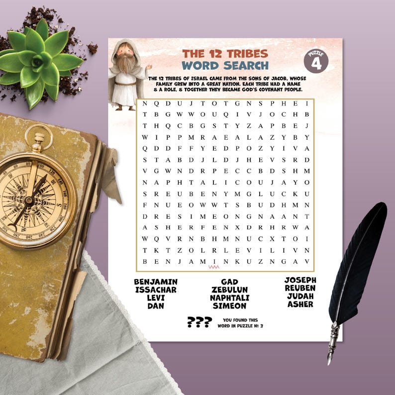 May include: A word search puzzle titled "The 12 Tribes Word Search" with a biblical theme. The puzzle includes a list of names and a grid of letters. A compass, a feather, and a succulent plant are also in the image.