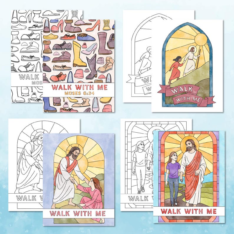 K&ouml;nnte beinhalten: Eine Sammlung illustrierter Karten mit dem Text &bdquo;Walk With Me&ldquo; und biblischen Szenen. Die Karten zeigen verschiedene Bilder, darunter eine Illustration im Stil eines Buntglasfensters von Jesus mit einer Person und ein Schuh-Themen-Design.