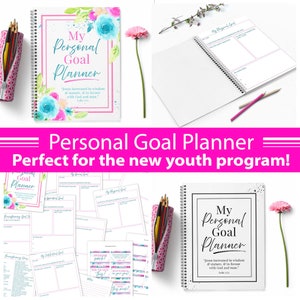May include: A white and blue personal goal planner with a watercolor floral design on the cover. The planner has a spiral binding and includes a quote from the Bible: "Jesus increased in wisdom and stature, and in favor with God and man." Luke 2:52.