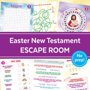 May include: A colorful printable Easter escape room game for kids. The game features a word search, a maze, a wheel with letters, and a checklist of events from Holy Week. The game is titled "Easter New Testament Escape Room" and includes the text "No prep!"