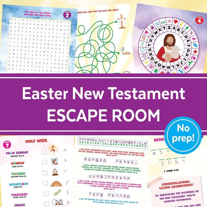 May include: A colorful printable Easter escape room game for kids. The game features a word search, a maze, a wheel with letters, and a checklist of events from Holy Week. The game is titled "Easter New Testament Escape Room" and includes the text "No prep!"