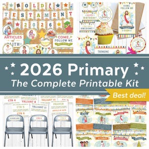Peut inclure: Un kit imprimable complet pour le programme Primaire 2026, avec des bannières, des étiquettes et des pages de calendrier colorées. Comprend des images de Jésus, des étoiles et du texte tel que "Come, Follow Me". Comprend des étiquettes pour les chaises.