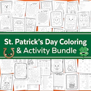 Op de afbeelding: Een printbare St. Patrick's Day kleur- en activiteitenbundel met verschillende ontwerpen, waaronder een klavertjevier, een kabouter, een hoefijzer en een pot met goud. De bundel bevat doolhoven, woordzoekers en andere activiteiten.