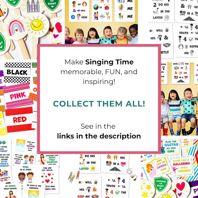 May include: A collection of educational song cards and posters for children featuring colorful illustrations, religious themes, and text including Make Singing Time memorable, FUN, and inspiring! COLLECT THEM ALL! See in the links in the description.