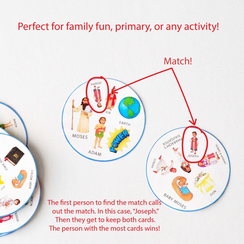 May include: A set of colorful, illustrated cards featuring biblical figures. Each card has a picture of a person and a word. The cards are designed for a matching game. The text on the cards reads "Match!" and "The first person to find the match calls out the match. In this case, "Joseph." Then they get to keep both cards. The person with the most cards wins!"