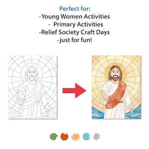 K&ouml;nnte beinhalten: Ein Vergleich von Schwarz-Wei&szlig;-Strichzeichnungen und farbigen Illustrationen von Jesus Christus. Das farbige Bild zeigt eine warme Farbpalette mit Heiligenschein und dem Text "Perfect for: -Young Women Activities - Primary Activities -Relief Society Craft Days -just for fun!"
