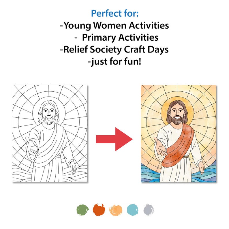 K&ouml;nnte beinhalten: Ein Vergleich von Schwarz-Wei&szlig;-Strichzeichnungen und farbigen Illustrationen von Jesus Christus. Das farbige Bild zeigt eine warme Farbpalette mit Heiligenschein und dem Text "Perfect for: -Young Women Activities - Primary Activities -Relief Society Craft Days -just for fun!"