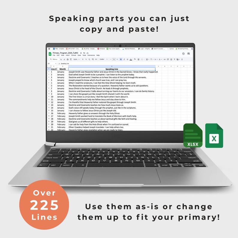 Op de afbeelding: Een laptop toont een spreadsheet met tekst, vergezeld van twee groene pictogrammen met de labels XLSX en X. De afbeelding bevat de tekst "Speaking parts you can just copy and paste!" en "Over 225 Lines." De tekst onderaan luidt "Use them as-is or change them up to fit your primary!"