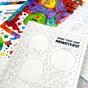 May include: A set of blank monster coloring pages with the text "Make your own monsters!" printed on one of the pages. The pages are decorated with stars and zig-zag patterns.