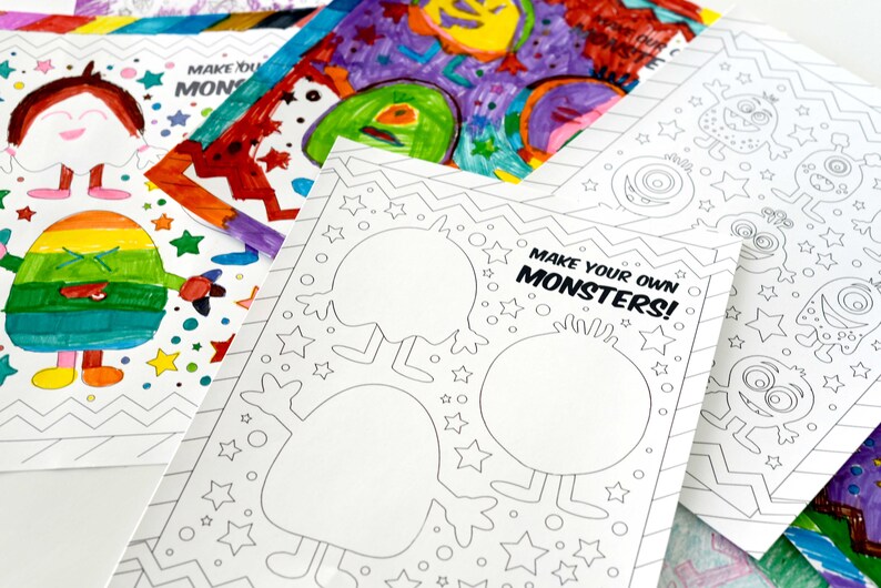 May include: A set of blank monster coloring pages with the text "Make your own monsters!" printed on one of the pages. The pages are decorated with stars and zig-zag patterns.