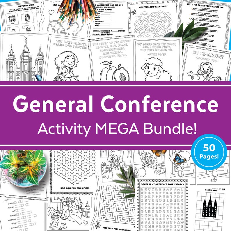 General Conference activity mega bundle printable for LDS kids with coloring pages games talks notes and quiet church activities
