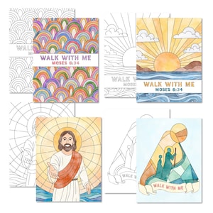 K&ouml;nnte beinhalten: Eine Sammlung von Malbuchseiten mit religi&ouml;sen Themen. Die Seiten enthalten Illustrationen von Regenbogen, einem Sonnenaufgang &uuml;ber dem Wasser und einer Jesusfigur. Jede Seite tr&auml;gt den Text "WALK WITH ME MOSES 6:34".