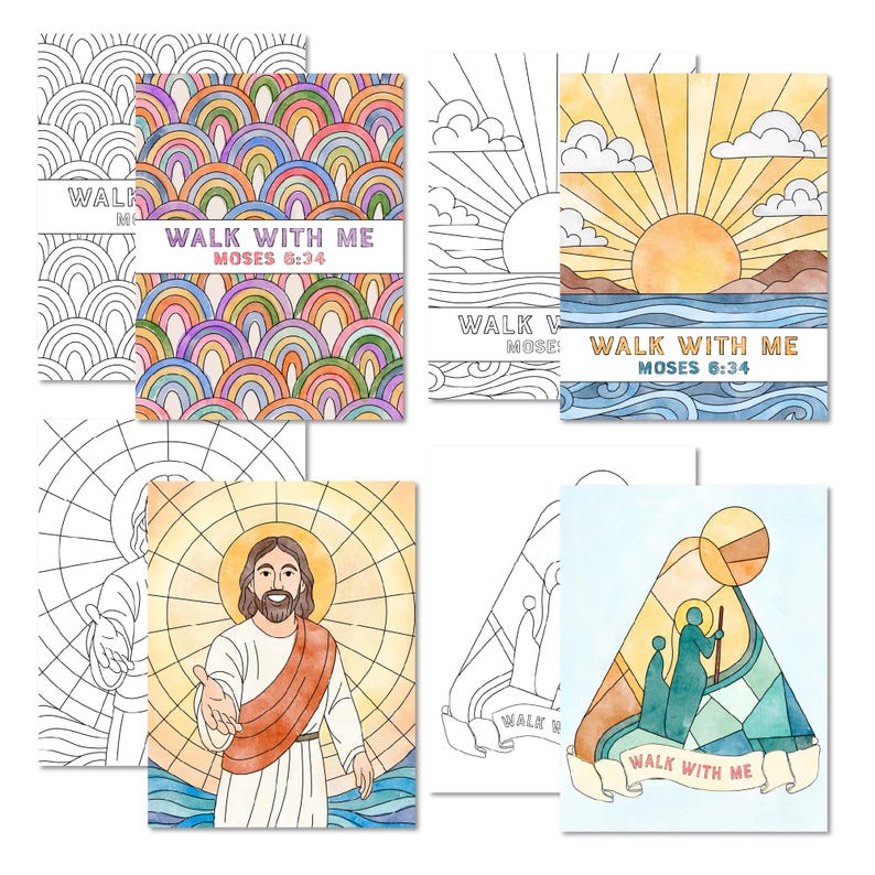 K&ouml;nnte beinhalten: Eine Sammlung von Malbuchseiten mit religi&ouml;sen Themen. Die Seiten enthalten Illustrationen von Regenbogen, einem Sonnenaufgang &uuml;ber dem Wasser und einer Jesusfigur. Jede Seite tr&auml;gt den Text "WALK WITH ME MOSES 6:34".