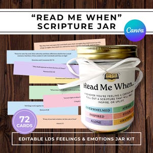 LDS Read Me When Scripture Jar Printable, Feelings & Emotions Cards, Primary Youth Activity, Girls Camp, Editable Canva Template