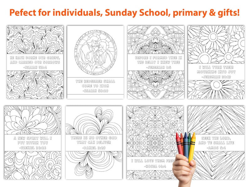 May include: A collection of eight coloring pages with intricate black and white designs and Bible verses. The pages feature floral, geometric, and abstract patterns. A hand holds a set of colorful crayons, suggesting the pages are for coloring.