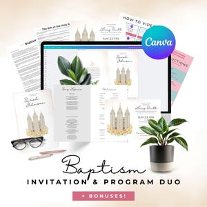 May include: A digital design for a baptism invitation and program duo. The design includes a temple illustration, floral accents, and the text "Baptism Invitation & Program Duo + Bonuses!" A laptop, documents, and a potted plant are also visible.