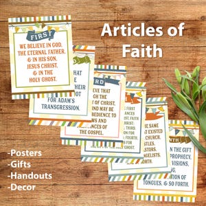 May include: A set of colorful printable cards with text about the Articles of Faith. The cards have a rustic, vintage look with a woodgrain background and a banner design. The text on the cards includes the first few articles of faith.