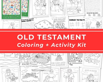 May include: A collection of Old Testament coloring and activity pages featuring black and white line art illustrations of biblical figures like Adam and Eve, Noah's Ark, and Moses, alongside word searches, mazes, and I Spy games.