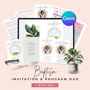 Pode incluir: Um conjunto de modelos de convite e programa de batismo. Os designs apresentam coroas de flores, um espaço reservado para fotos e o texto "Baptism Invitation & Program Duo".