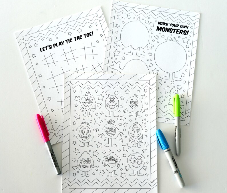 May include: Three printable coloring pages featuring monsters. The first page has a tic-tac-toe grid with the text "Let's Play Tic Tac Toe!" The second page has six different monsters with stars and a chevron pattern. The third page has two blank monsters with stars and a chevron pattern and the text "Make Your Own Monsters!"