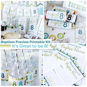 Pode incluir: Kit de festa de batismo imprimível com listras azuis, verdes e amarelas. O kit inclui uma faixa, etiquetas para garrafas de água, embalagens de barras de chocolate e convites. A faixa diz "É ótimo ter 8 anos!" e os convites dizem "Bem-vindo à pré-visualização do batismo".