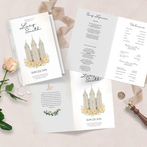 May include: Baptism program featuring a temple illustration, floral details, and the name "Lucy Smith." The program includes song lyrics, a welcome message, and the date "SUN 23 JUN."
