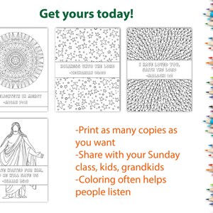 May include: A collection of printable coloring pages with religious themes. The pages feature intricate designs, including mandalas, stars, and illustrations of Jesus. Text includes Bible verses and the phrase "Get yours today!" A colorful border of pencils frames the image.